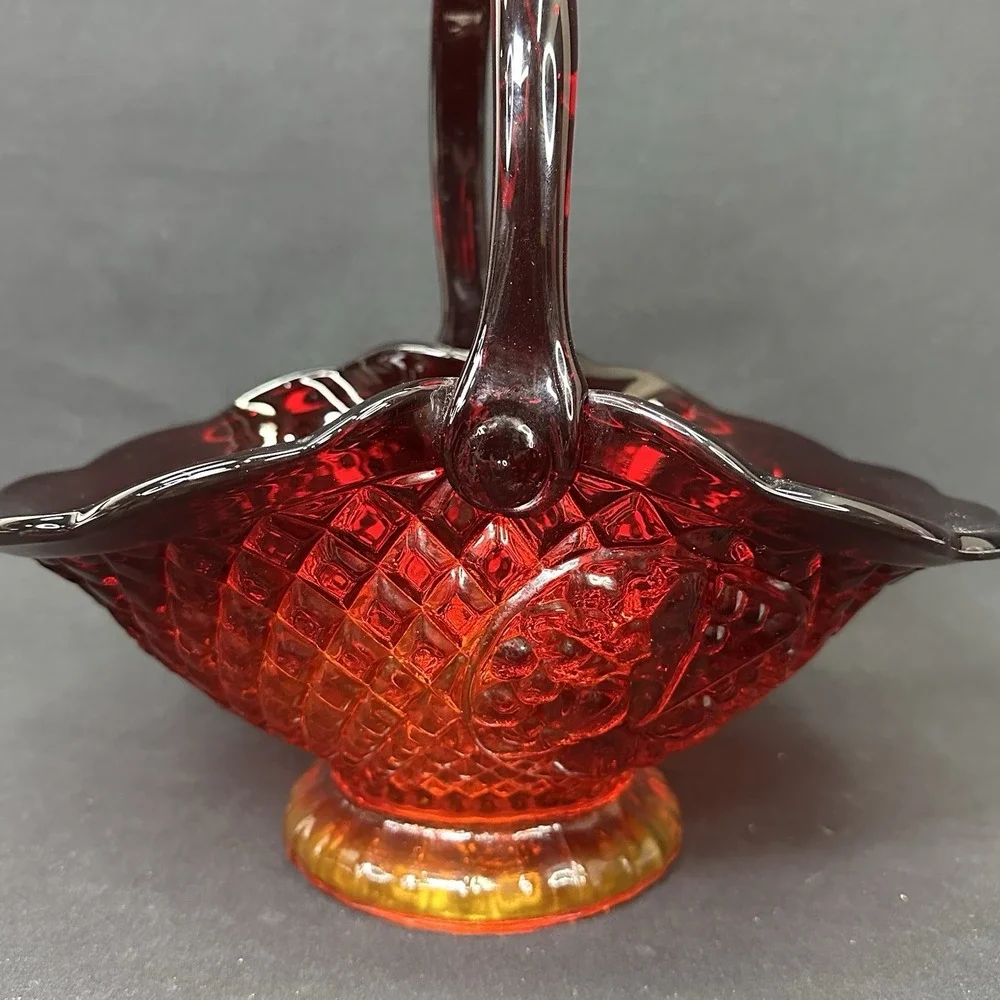 Indiana Glass Canterbury Sunset Amberina Basket, Vintage Mid‎ 20th Century